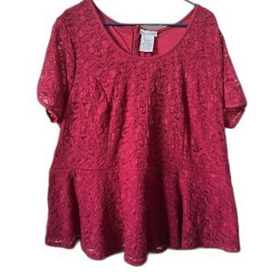 Jessica London Women's Red Lace Short Sleeve Blouse Round Neck Back Size 22